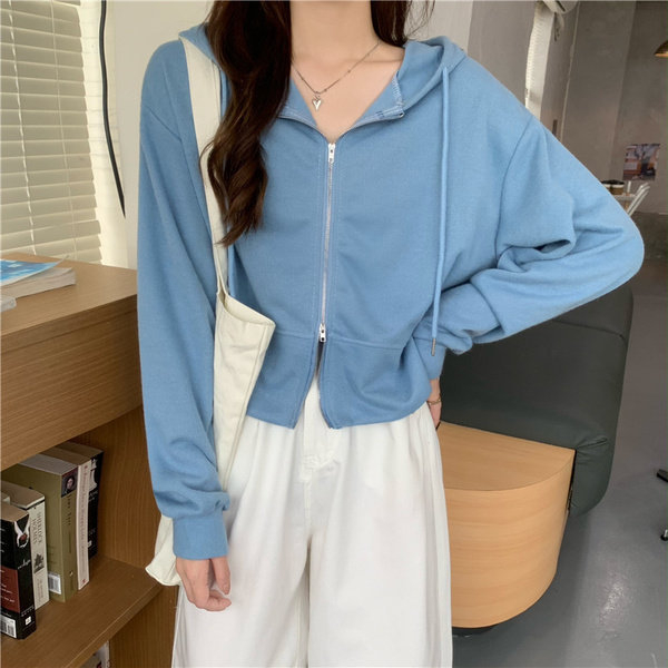 Ženski hoodie s kapuljom, lagana cropped jakna, korejskog stila, dugih rukava, zip