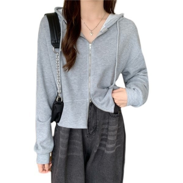 Ženski hoodie s kapuljom, lagana cropped jakna, korejskog stila, dugih rukava, zip