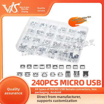 240 ks Micro USB samičích konektorov, 24 typov, balené v krabičke, Micro USB rozhranie