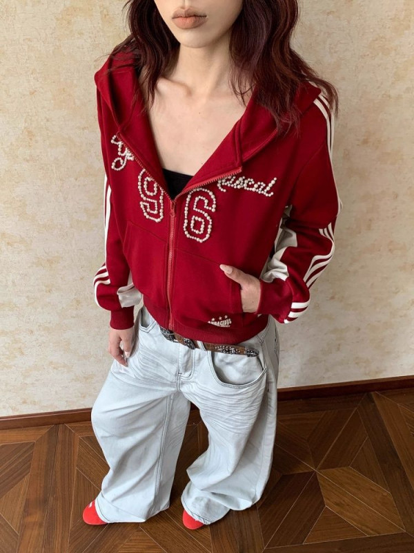 Ženski kapuljačasti kardigan-sweatshirt s perlama i prugama, u američkom retro stilu, s patentnim zatvaračem, jesenski dizajn, vitka silueta
