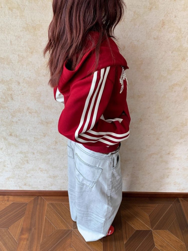 Ženski kapuljačasti kardigan-sweatshirt s perlama i prugama, u američkom retro stilu, s patentnim zatvaračem, jesenski dizajn, vitka silueta