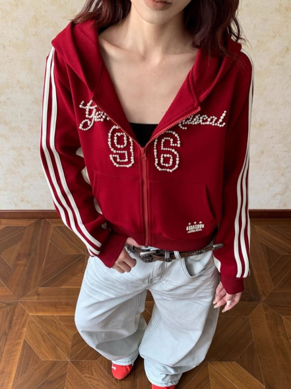 Ženski kapuljačasti kardigan-sweatshirt s perlama i prugama, u američkom retro stilu, s patentnim zatvaračem, jesenski dizajn, vitka silueta