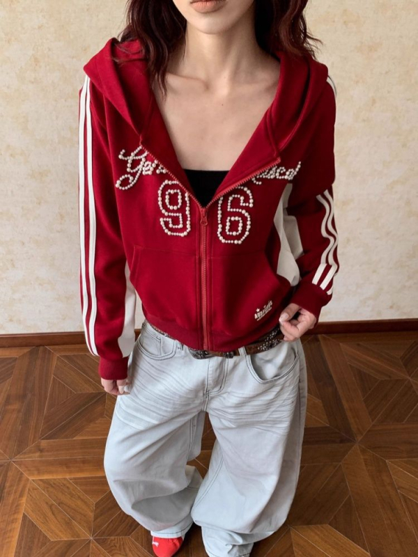 Ženski kapuljačasti kardigan-sweatshirt s perlama i prugama, u američkom retro stilu, s patentnim zatvaračem, jesenski dizajn, vitka silueta