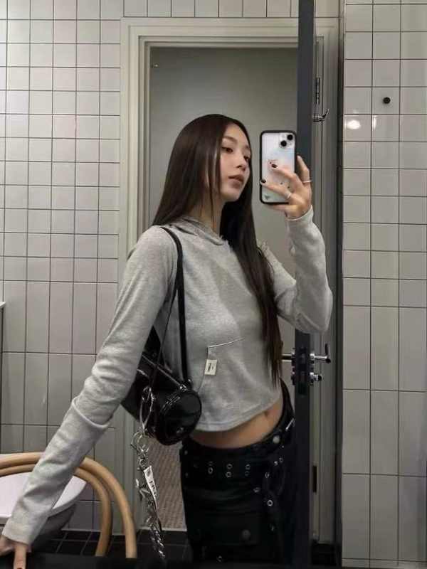 Ženski korejski stil, uski kroj, cropped s kapuljačom, dugih rukava, jednofarbni minimalistički jesenski top