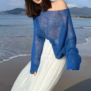 Ženski tanki pleteni top s izrezom i okruglim izrezom, off-shoulder detalj, slobodan kroj, proljetni stil