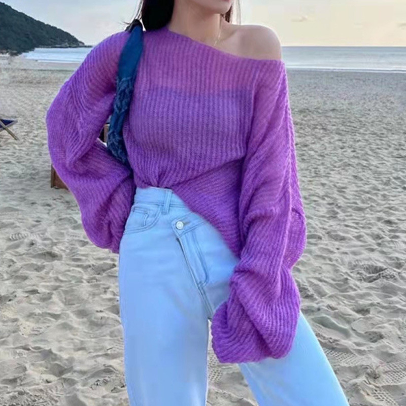 Ženski tanki pleteni top s izrezom i okruglim izrezom, off-shoulder detalj, slobodan kroj, proljetni stil