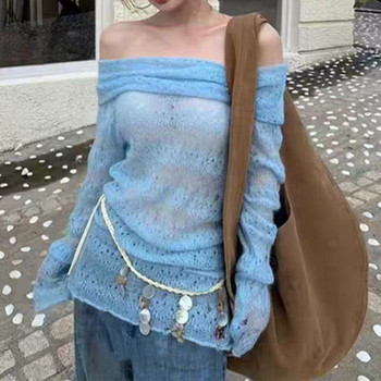 Proljetno-jesenski novi korejski stil, pleteni top s jednim ramenom i izrezom, za žene