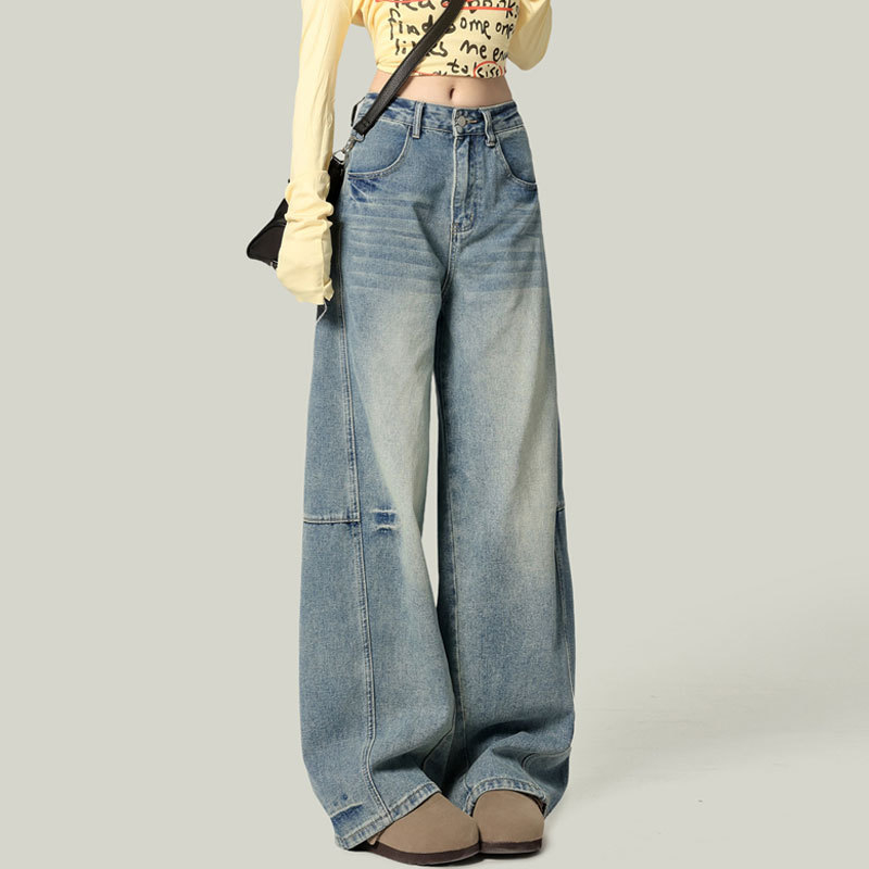 Ženske traperice širokih nogavica za siluetu kruške, novi američki stil, veći broj, visokim strukom, ležerni, drapirani kroj