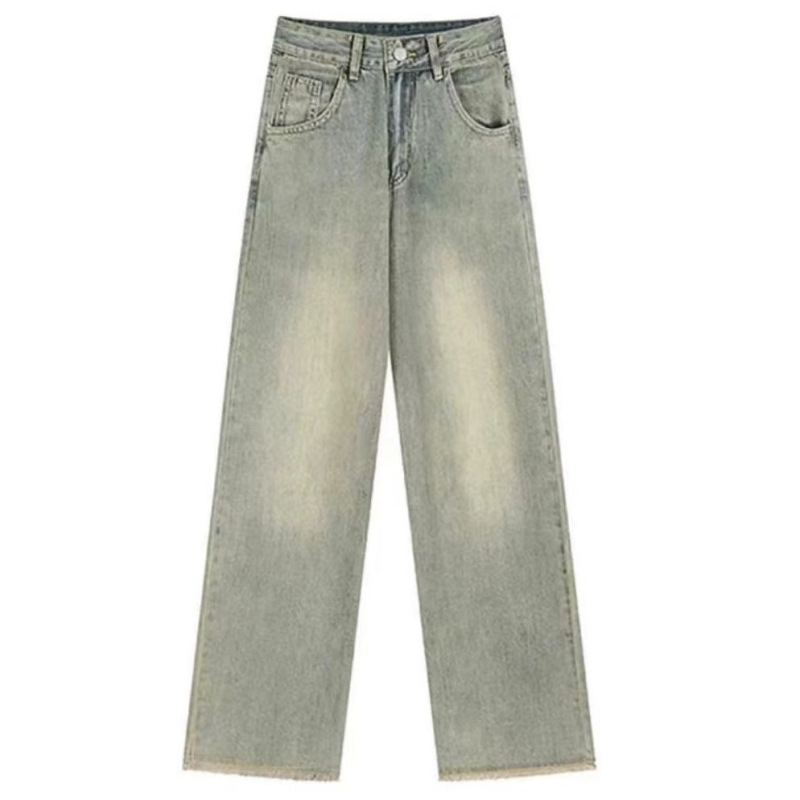 Vintage ženske traperice za male ljude s frayed krajevima, širokih nogavica, visokim strukom, ravni kroj, dužina do poda, proljeće-jesen
