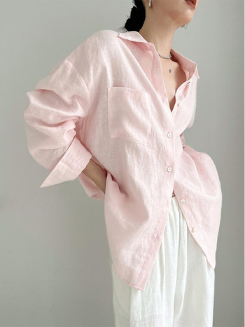 Ženska ružičasta lanena bluza s dugim rukavima, francuski stil, vrhunska kvaliteta, UV zaštita, lagana prozračna proljetna bluza