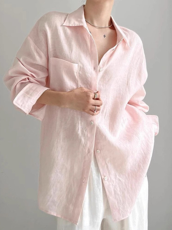 Ženska ružičasta lanena bluza s dugim rukavima, francuski stil, vrhunska kvaliteta, UV zaštita, lagana prozračna proljetna bluza