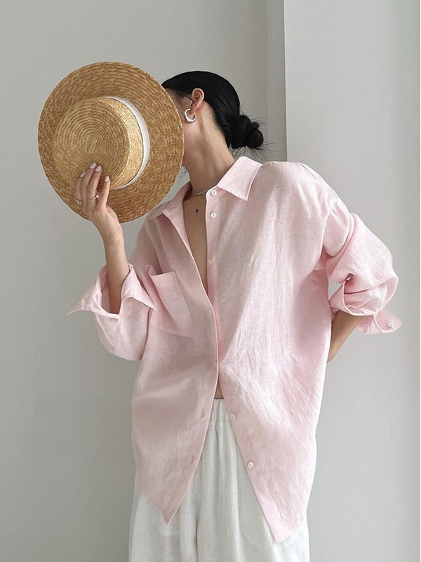 Ženska ružičasta lanena bluza s dugim rukavima, francuski stil, vrhunska kvaliteta, UV zaštita, lagana prozračna proljetna bluza