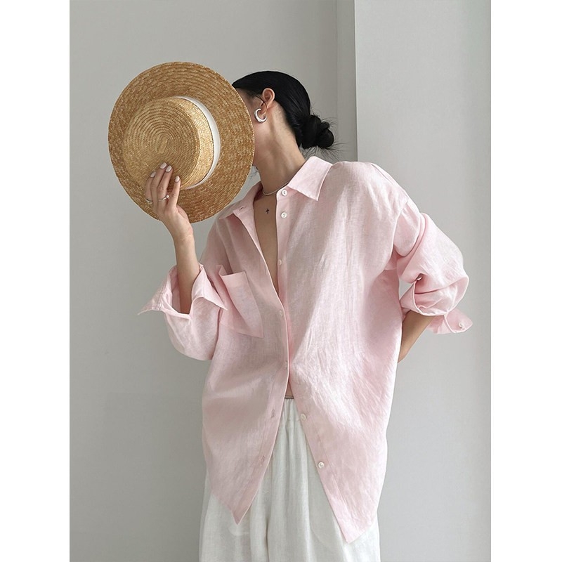 Ženska ružičasta lanena bluza s dugim rukavima, francuski stil, vrhunska kvaliteta, UV zaštita, lagana prozračna proljetna bluza