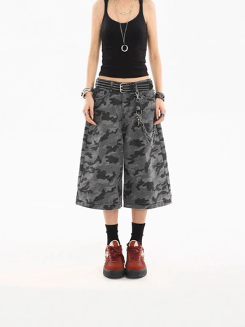 Ženski traper šorcevi s kamuflažom u američkom retro stilu, cropped dužina, opuštena silueta, gradski street stil
