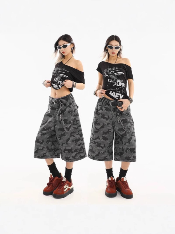 Ženski traper šorcevi s kamuflažom u američkom retro stilu, cropped dužina, opuštena silueta, gradski street stil