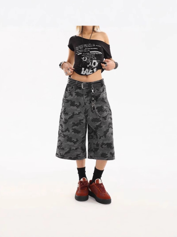 Ženski traper šorcevi s kamuflažom u američkom retro stilu, cropped dužina, opuštena silueta, gradski street stil
