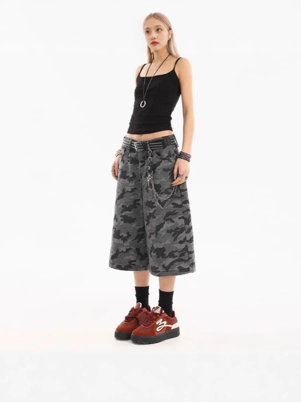 Ženski traper šorcevi s kamuflažom u američkom retro stilu, cropped dužina, opuštena silueta, gradski street stil