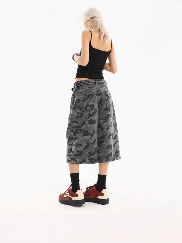 Ženski traper šorcevi s kamuflažom u američkom retro stilu, cropped dužina, opuštena silueta, gradski street stil