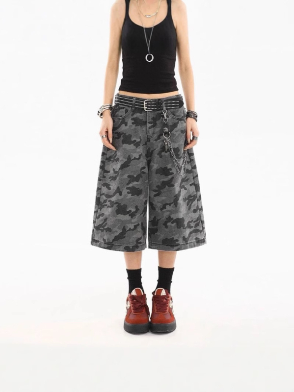 Ženski traper šorcevi s kamuflažom u američkom retro stilu, cropped dužina, opuštena silueta, gradski street stil