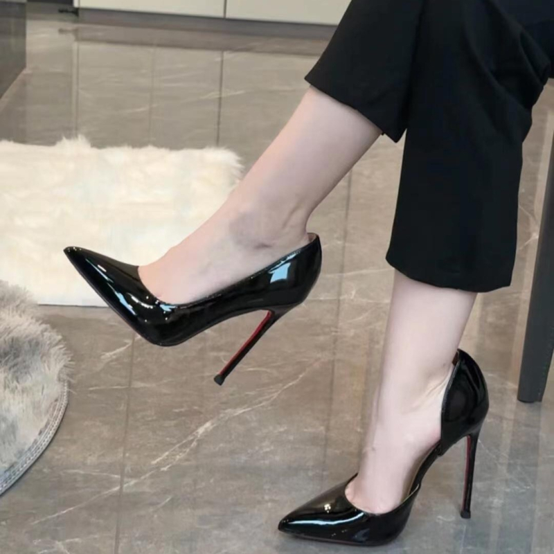 Ženske štikle nude boje s uskim vrhom, bočnim izrezima, crvena potplata, udobne uredske štikle s tankim petom 6–8 cm