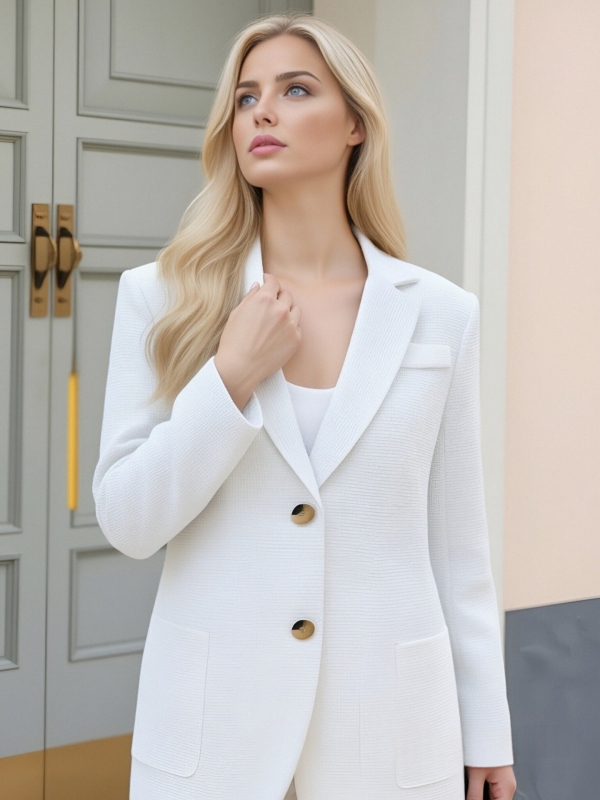 Žensko sako srednje duljine, jednobojno, korejskog stila, elegantno, uski kroj, naprijed zatvara dva gumba, dugi rukavi, ovratnik sakoa, poliester otporan na nabiranje.