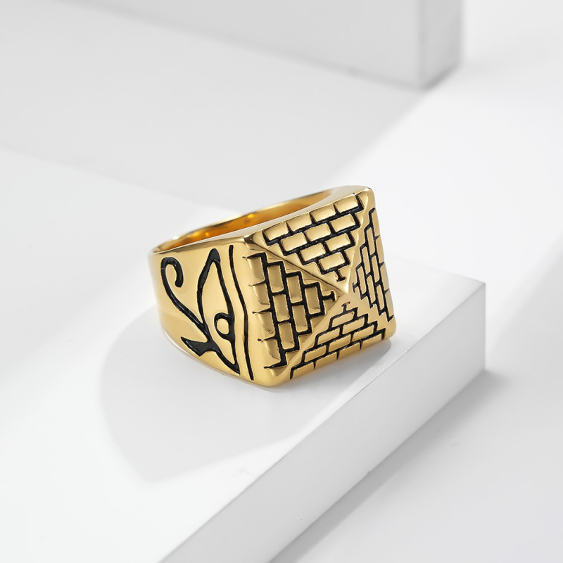 Prsten od nehrđajućeg čelika Faraona s Okom Horusa, egipatski piramidski motiv, geometrijski dizajn, retro stil, unisex.