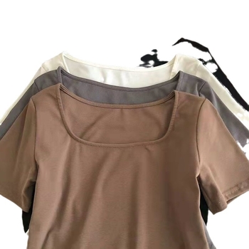 Ženski T‑shirt s kratkim rukavima, U-izrez i zakrivljeni rub, jednobojan, uski kroj, ljeto 2025, As Yin Lan