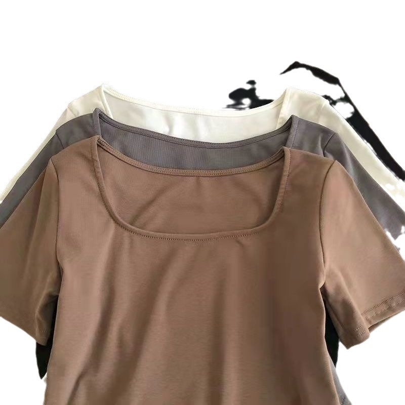 Ženski T‑shirt s kratkim rukavima, U-izrez i zakrivljeni rub, jednobojan, uski kroj, ljeto 2025, As Yin Lan