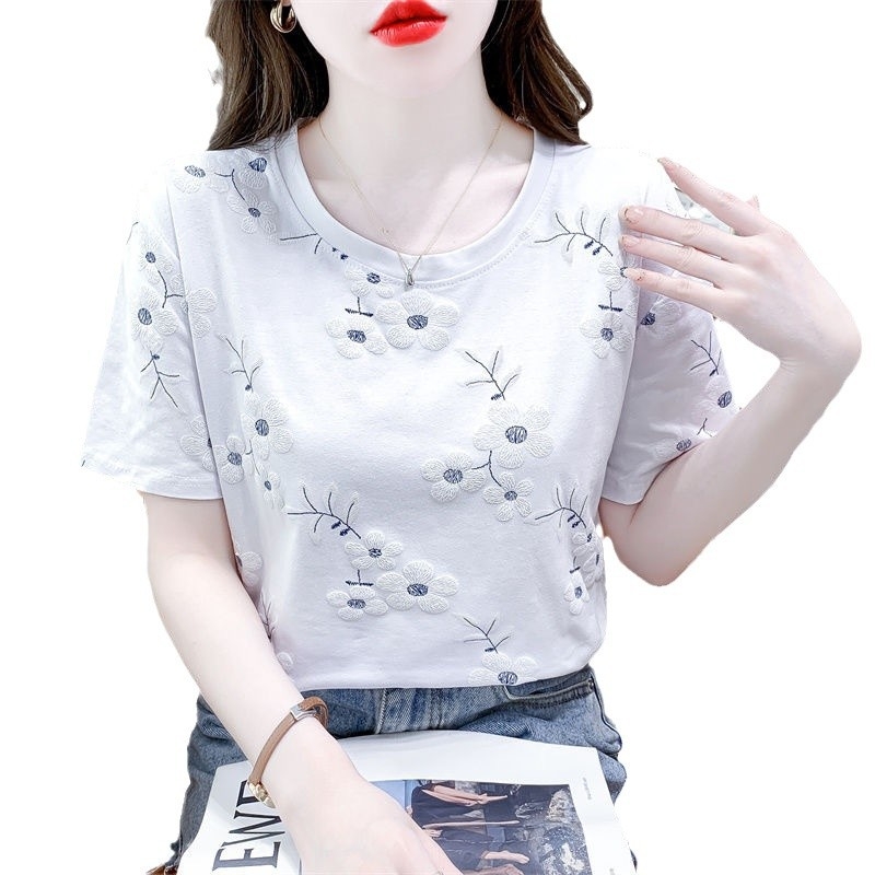 Ženski kratki T-shirt za ljeto, bijela, plus veličina, korejskog stila, slobodan kroj, okrugli izrez, za slojevito odijevanje