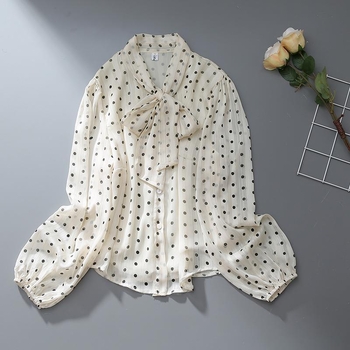 Ženska bluza s dugim rukavima u retro Hongkongo stilu, mareličaste boje s točkicama, mašna i vrpca, rukav fenjer