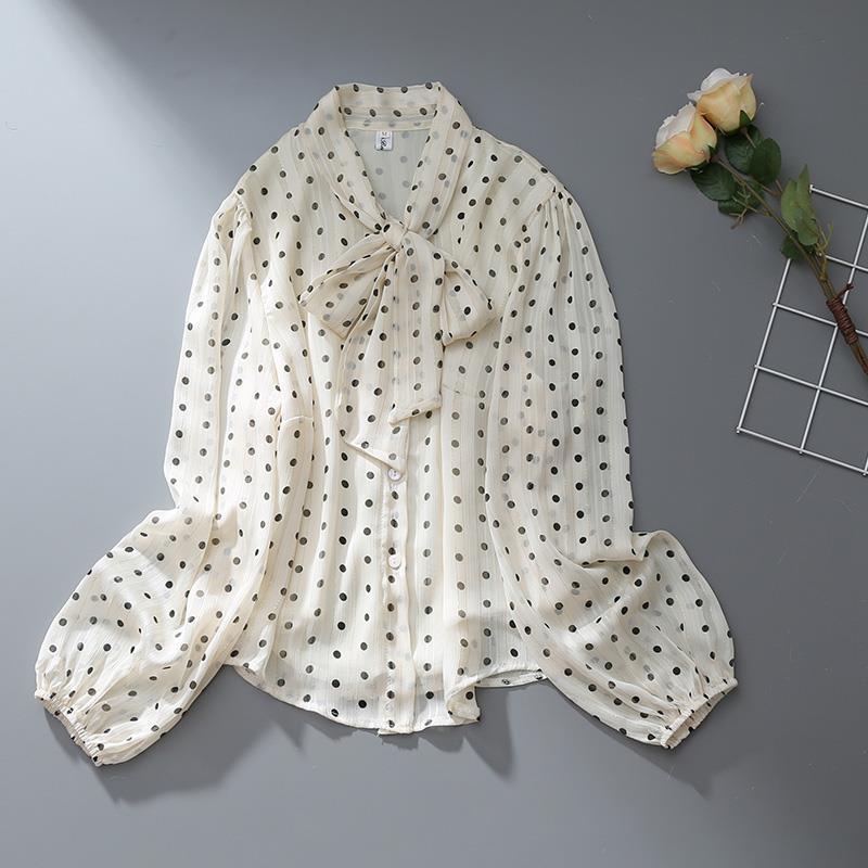 Ženska bluza s dugim rukavima u retro Hongkongo stilu, mareličaste boje s točkicama, mašna i vrpca, rukav fenjer