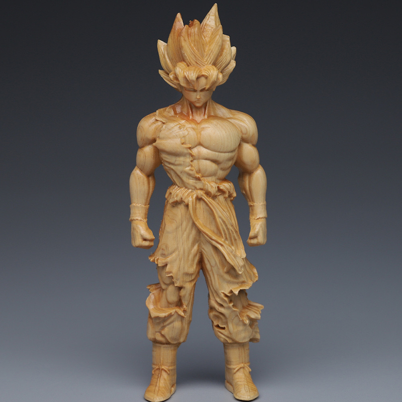 Drevená stolová socha z thuja: Super Saiyan Wukong dekorácia do kancelárie a domova