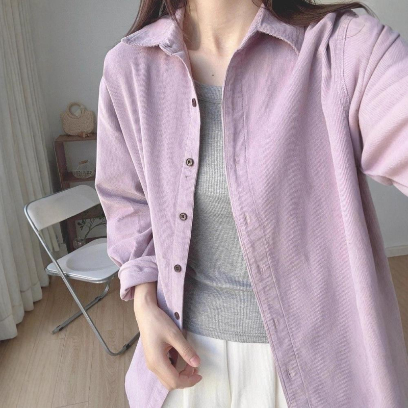 Retro košulja-jaknica od korduroja u taro ljubičastoj boji za žene, široka i udobna silueta, casual stil od proljeća do zime