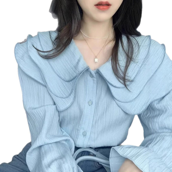 Plava šifon bluza s golom nalik lutki, ženska proljetna bluza, francuski stil, laskav kroj
