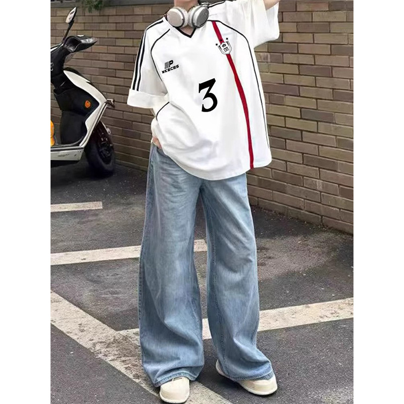 Ženski pamučni T-shirt u američkom stilu s webbing trakama i kontrastnim blokovima boja, kratki rukav, V izrez, slobodan kroj, ljetni sportski stil