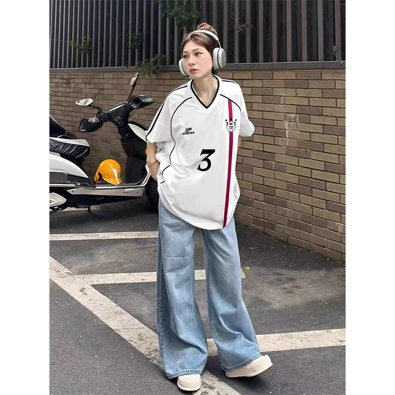 Ženski pamučni T-shirt u američkom stilu s webbing trakama i kontrastnim blokovima boja, kratki rukav, V izrez, slobodan kroj, ljetni sportski stil