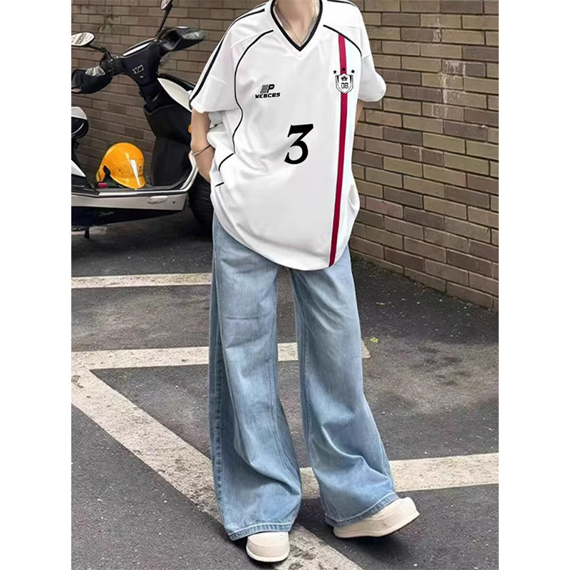 Ženski pamučni T-shirt u američkom stilu s webbing trakama i kontrastnim blokovima boja, kratki rukav, V izrez, slobodan kroj, ljetni sportski stil