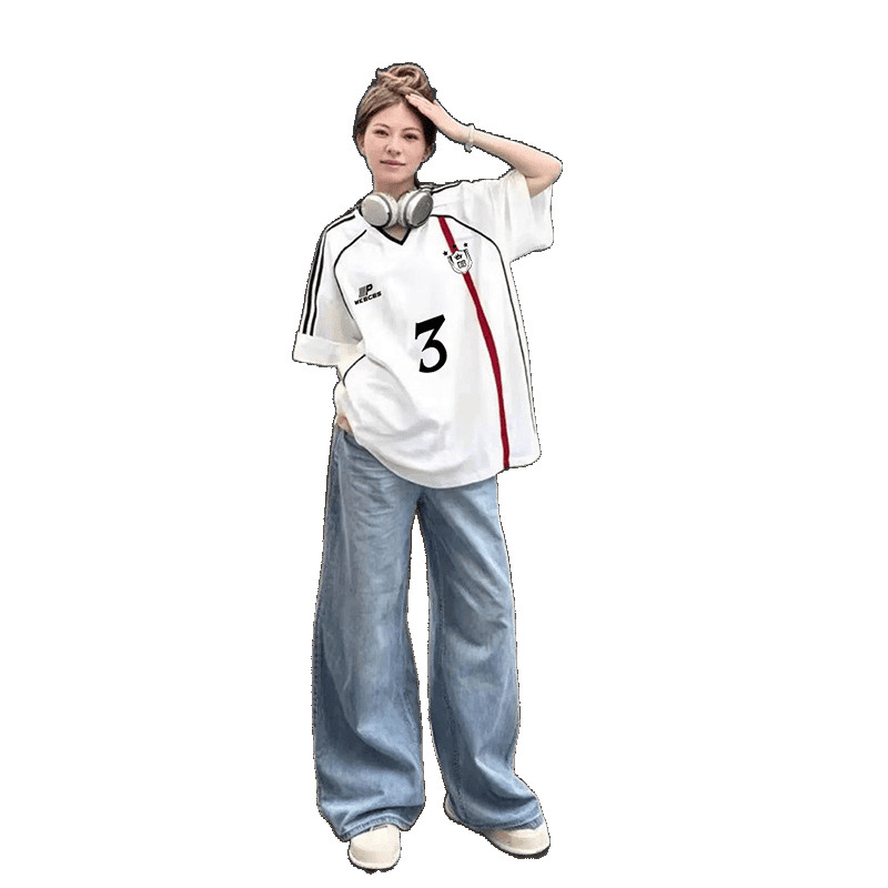 Ženski pamučni T-shirt u američkom stilu s webbing trakama i kontrastnim blokovima boja, kratki rukav, V izrez, slobodan kroj, ljetni sportski stil