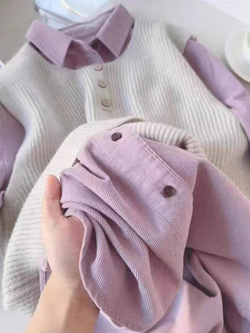 Francusko retro ljubičasta corduroy košulja s dugim rukavima za žene, široka silueta, polo ovratnik, proljeće–jesen