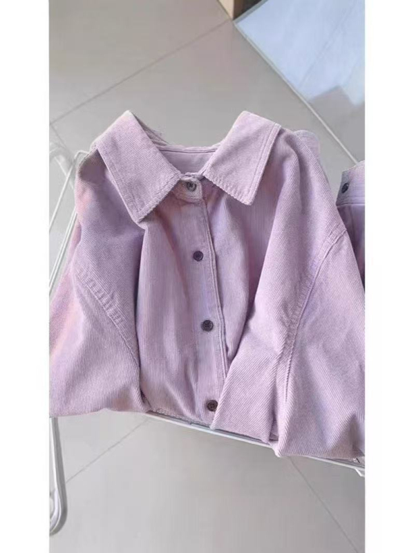 Francusko retro ljubičasta corduroy košulja s dugim rukavima za žene, široka silueta, polo ovratnik, proljeće–jesen
