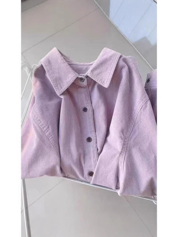 Francusko retro ljubičasta corduroy košulja s dugim rukavima za žene, široka silueta, polo ovratnik, proljeće–jesen