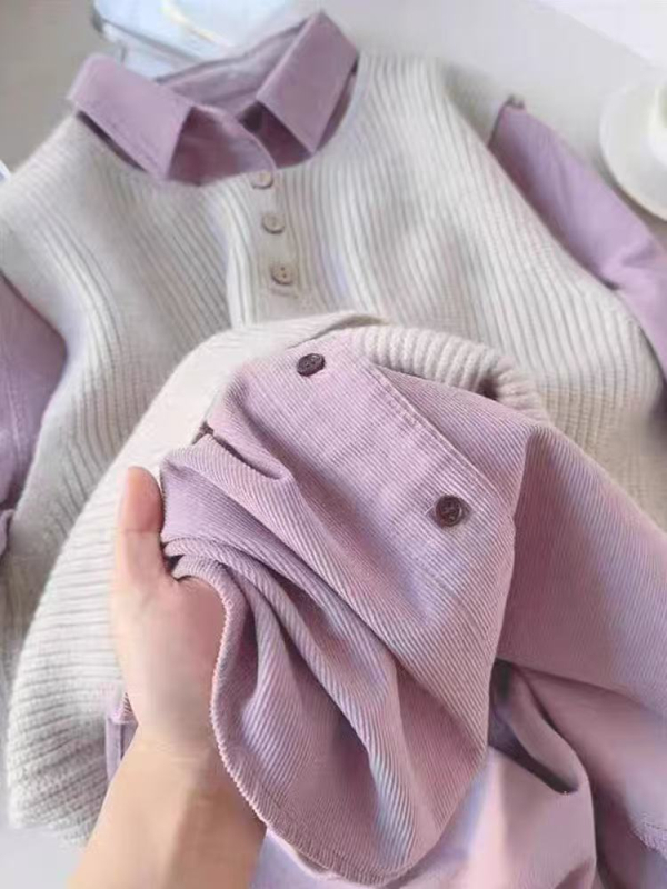 Francusko retro ljubičasta corduroy košulja s dugim rukavima za žene, široka silueta, polo ovratnik, proljeće–jesen