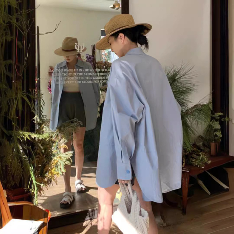 Ženska plava košulja u korejskom hip-hop stilu, dugi rukav, opuštena oversize silueta, casual za proljeće i jesen