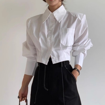 Koreai chic tavaszi cropped felső gallérral, hátul kivágással és pántos zárással, laza szabású női felső