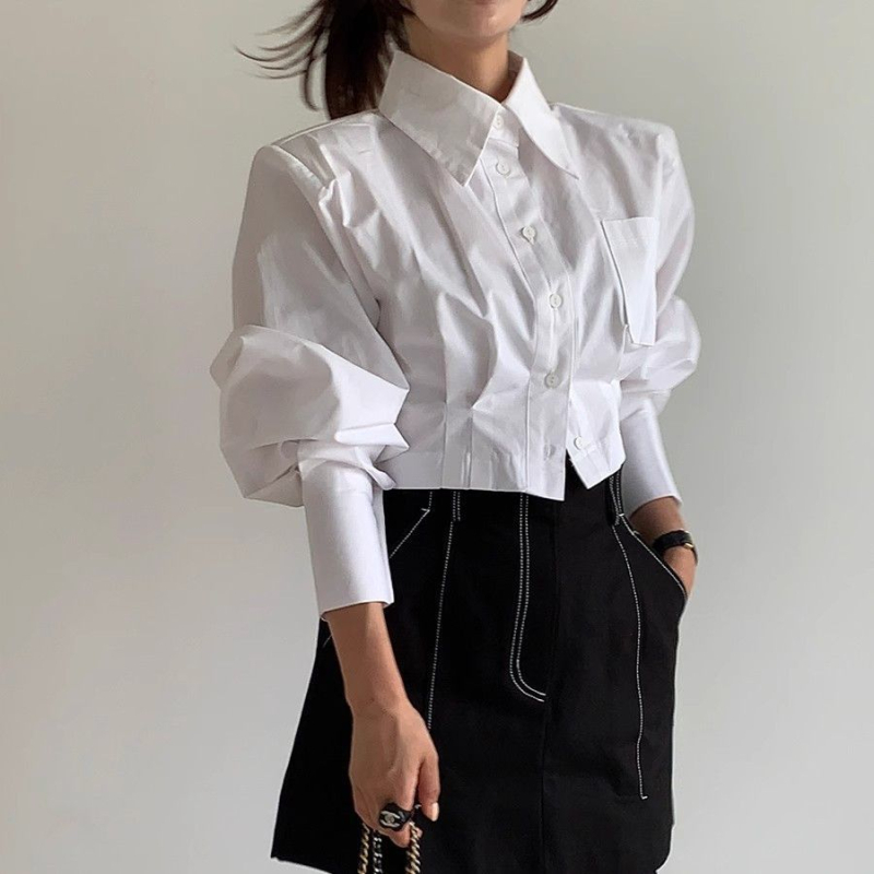 Koreai chic tavaszi cropped felső gallérral, hátul kivágással és pántos zárással, laza szabású női felső