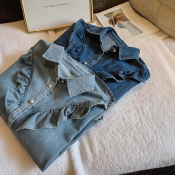 Női denim ing fodros részletekkel, koreai stílusú, lazán szabott, hosszú ujjú, polo gallérral, tavasz–ősz
