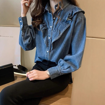 Női denim ing fodros részletekkel, koreai stílusú, lazán szabott, hosszú ujjú, polo gallérral, tavasz–ősz