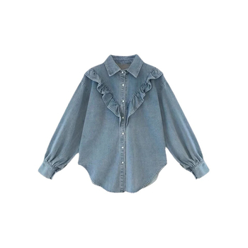 Női denim ing fodros részletekkel, koreai stílusú, lazán szabott, hosszú ujjú, polo gallérral, tavasz–ősz