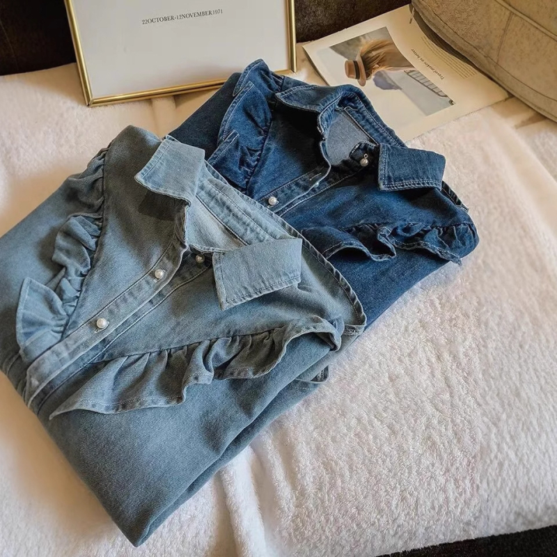 Női denim ing fodros részletekkel, koreai stílusú, lazán szabott, hosszú ujjú, polo gallérral, tavasz–ősz