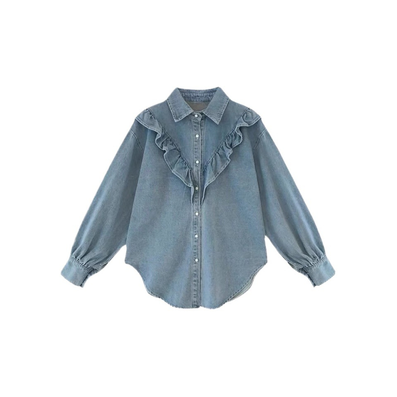 Női denim ing fodros részletekkel, koreai stílusú, lazán szabott, hosszú ujjú, polo gallérral, tavasz–ősz